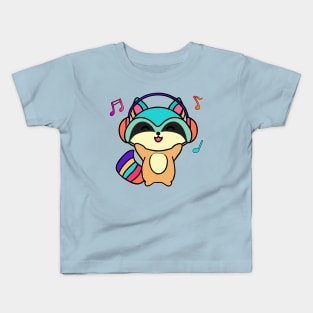 Happy smiling baby raccoon with headphones. Kawaii cartoon Kids T-Shirt